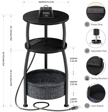 Side Table with Charging Station, Small Round End Table with Basket - Image 3