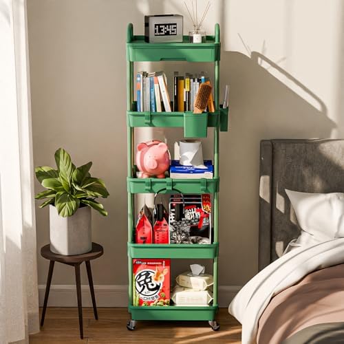 Sorgion 5 Tier Rolling Cart Organizer,Bathroom Cart Organizers with Wheels Laundry Room Organization Mobile Shelving Unit Utility Cart Storage Shelves Multi-Functional for Office, Home(Green) - Image 2