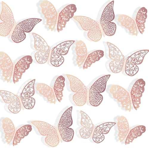 Bememo 72 Pcs 3D Butterfly Wall Decals, 3 Sizes,Rose Gold | Metallic Hollow Design for Bedroom Living Room, Removable Adhesive Wall Decor, Easy Peel Stick Party Decoration Stickers by Bememo