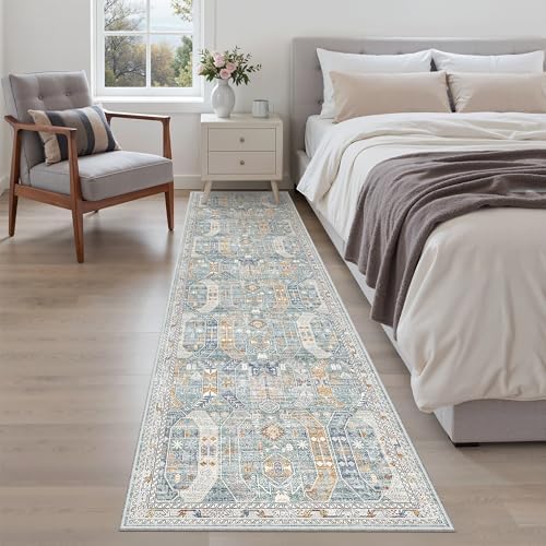 Madane Hallway Runner Rug 2x8 Washable Kitchen Rugs Non-Slip, Blue/Gold - Image 4