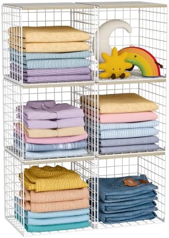 Hencawima 6 Pack Stackable Closet Organizer, Closet Organizers and Storage Shelves with Wood Tops, Metal Storage Bins for Closet Shelves, Sweater and Clothing Storage for Wardrobe, White by Hencawima