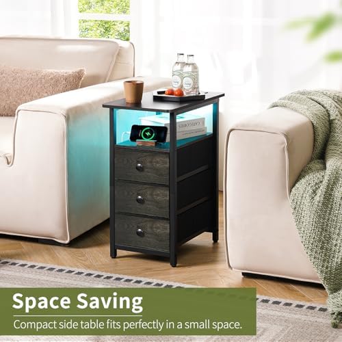 Yoobure End Table with Charging Station, LED Narrow Side Table Bedside Table, Small Night Stand End Tables Living Room, Skinny Nightstand with 3 Fabric Drawers, Side Tables Bedroom for Small Spaces - Image 3