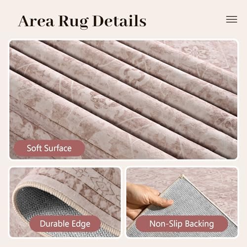 4x6 Ft Area Rugs for Living Room, Soft Non-Slip Machine Washable Rug, Vintage Stain Resistant Carpets for Bedroom Nursery Dining Room Home Decor (Grey Pink) - Image 6