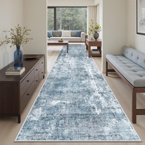Soalmost Abstract Runner Rug 3x10 Hallway Kitchen Rugs Non-Slip, Blue/Grey by Soalmost