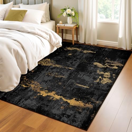 RELEANY Washable 4'x5' Abstract Area Rug for Living Room Black Gold - Image 3