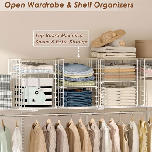 4-Tier Stackable Closet Organizers and Storage, Adjustable Dividers & Wood Top Storage Shelves for Clothes, Wardrobe & Closet Storage Basket Bins/Cube, Space-Saving Closet Organizer System, White - Image 5