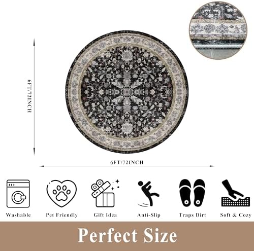 6ft Round Kitchen Rug Washable - Non-Slip Soft Low Pile Circle Area Rug for Under Table Living Room Dining Room Bedroom – Boho Floral Circular Floor Indoor Carpe (Black,6x6) - Image 2