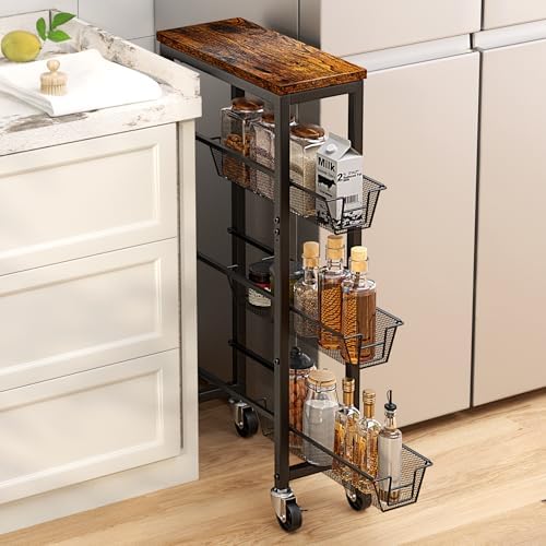 Honest Slim Storage Cart 4-Tier Slim Rolling Cart with Metal Frame and Wooden Top, 6.3 Inches, Storage Cart for Kitchen, Dining Room, Living Room, Bathroom, Home Office, Rustic Brown and Black by HONESTOUTFITTERS