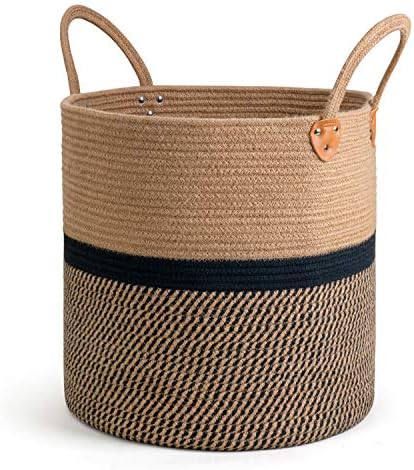 CHICVITA Large Wicker Storage Basket with Leather Handles, 16" x 16", Black by CHICVITA