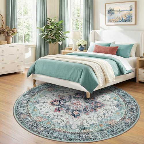 RELEANY Washable Area Rug, Round 8ft, Teal Green/White/Navy - Image 3