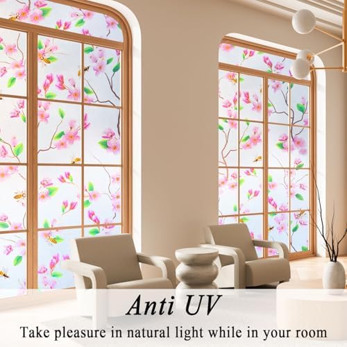 Pink Floral Bees Stained Glass Window Film Privacy Anti UV 35x78.7in - Image 3