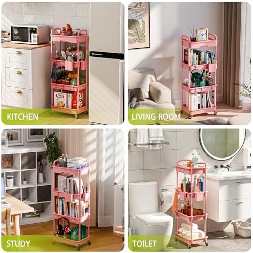 Sorgion 4 Tier Rolling Cart Organizer,Art Craft Diaper Bedside Snack Laundry Room Bathroom Organizer Narrow Thin Slim Rolling Trolley Utility Cart with Wheels for Kitchen,Office(Pink) - Image 6