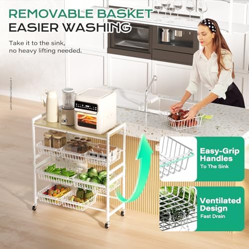 Cinati 4-Tier Utility Kitchen Cart with Wood Top, 29" W Kitchen Storage Cart with 8 Baskets & Handle, Metal Snack Cart with Wheels, Adjustable Pantry Organizer and Storage Cart for Fruit, Vegetables - Image 4