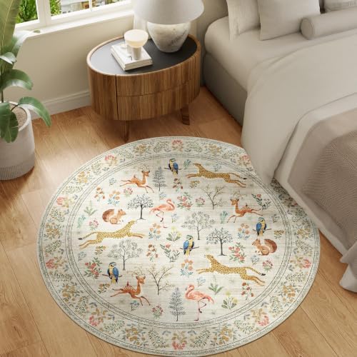 DUKINO 5ft Round Rug, Washable Animal Non Slip Circle Area Rug, Beige - Image 4