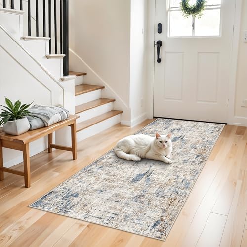 2x6 Washable Non-Slip Hallway Runner Rug – Modern Abstract Soft Carpet Runner for Kitchen, Bedroom with Rubber Backing – Low-Pile Thin Stain-Resistant Rug for Laundry Room, Entryway（Blue Brown） by ZHXXUJ