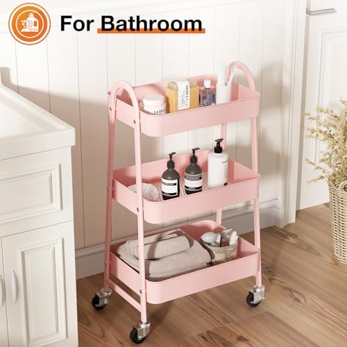 NEWBULIG 3-Tier Metal Rolling Cart with Lockable Wheels, Heavy Duty Mobile Utility Storage Shelf, Roller Book Snack Cart, Organization for Livingroom, Bathroom, Office, Pink - Image 5