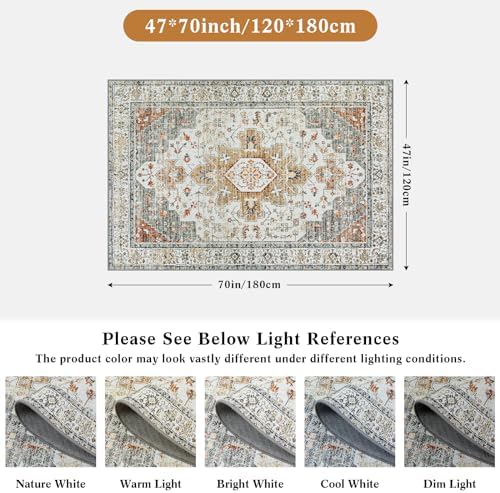 Moynesa Ultra-Thin Washable Area Rug - 4x6 Vintage Living Room Rugs Non-Shed Non Slip, Oriental Low Pile Indoor Accent Floor Carpet for Bathroom Bedroom Laundry Mudroom Entrance, Beige/Gold - Image 2