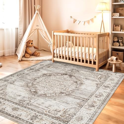 5x5 Area Rug Washable Living Room Rugs: 5ft Square Ultra Thin Soft Oriental Area Rugs Non-Slip Backing Farmhouse Rug Low Pile Thin Stain Resistant Indoor Carpets, 5' x 5' Beige - Image 4
