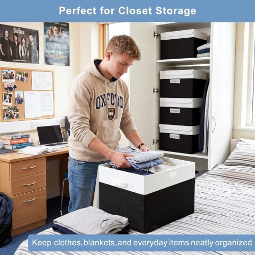 Large 17" 42 Quarts Collapsible Stackable Storage Bins with Lids [3-Pack] Foldable Fabric Linen Storage Boxes Cube, Closet Organizer Baskets with Label for Home (16.7 x 12 x 12", Black & White) - Image 3
