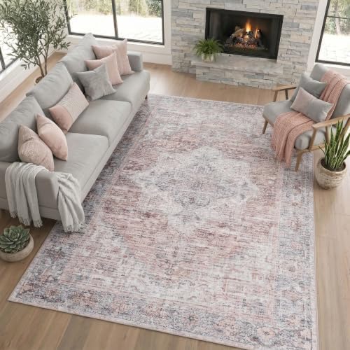 ReaLife Rugs Machine Washable Area Rug Runner - Living Room Bedroom Bathroom Kitchen Entryway - Padded Low Pile Stain Resistant Premium - Boho Farmhouse Vintage - Lyle - Gray Ivory Blush 3' x 5' by ReaLifeRugs