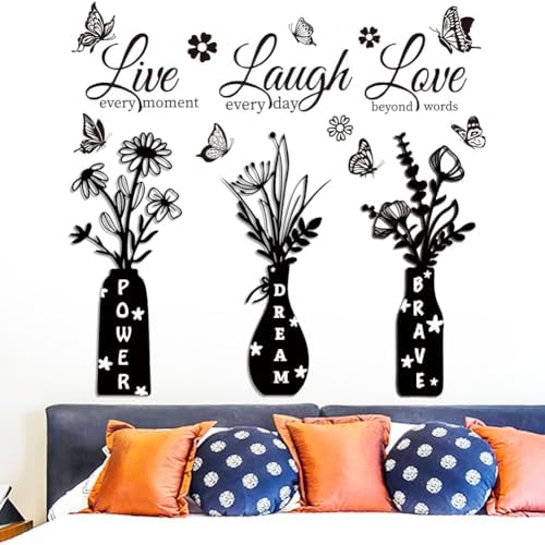 Live Laugh Love Wall Decal - Inspirational Quote with Floral Vase & Butterfly Stickers, Power Dream Brave Vinyl Wall Art for Living Room, Bedroom, Entryway, Home Decor - Image 2