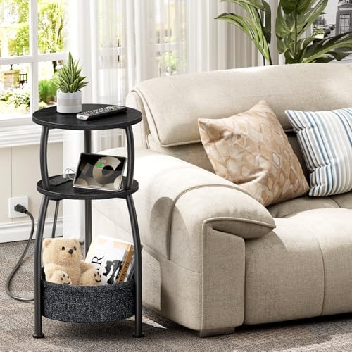 Side Table with Charging Station, Small Round End Table with Basket - Image 5