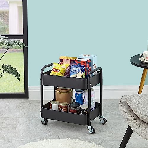 Melody House 2 Tier All-Metal Rolling Storage Cart with Handle and Locking Wheels - Kitchen, Laundry, Office, Bathroom Organizer, Black - Image 2