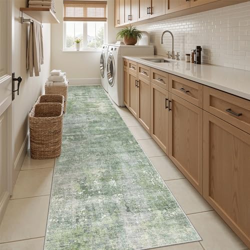 Soalmost Abstract Runner Rug 2x10 Hallway Kitchen Runners Green/Ivory - Image 4