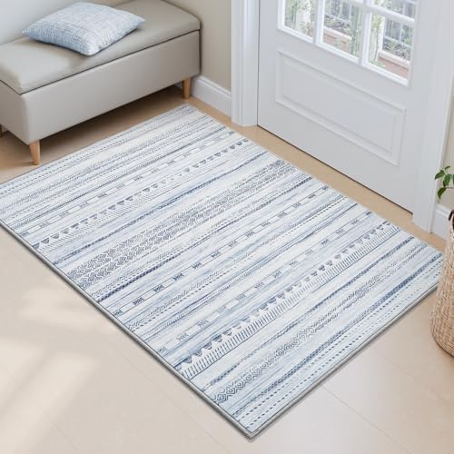 Small Area Rug-2x3 Entryway Rug Non Slip Washable Low Pile Indoor Door Mat Neutral Distressed Boho Moroccan Entrance Rugs Carpet for Bedroom Kitchen Powder Room Front Porch Bathroom, Blue by Tchdio