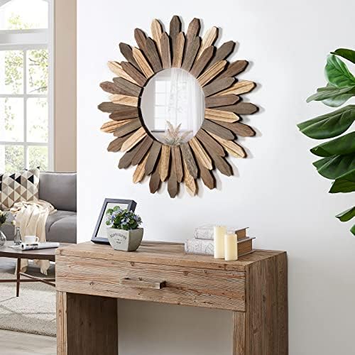 Honiway Boho Wall Decor 21 inch Wall Mirror Rustic Wood Decorative Mirror for Room Decor Rustic Home Decor Farmhouse Wall Decor at Living Room Bedroom Bathroom Hallway Trilcolor - Image 3