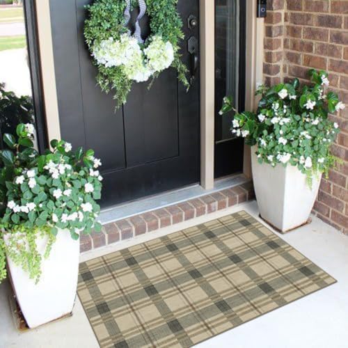 Front Door Mat Outside Entrance - 2x3 Taupe Beige Tartan Plaid Rug - Image 4