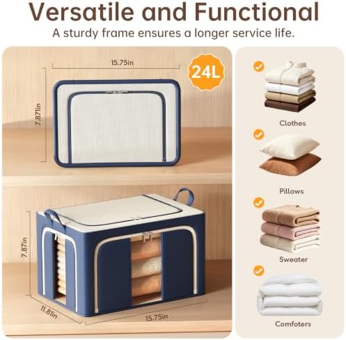 3 Openings Clothes Storage Bins with Metal Frame，24L (navy blue) - Image 2