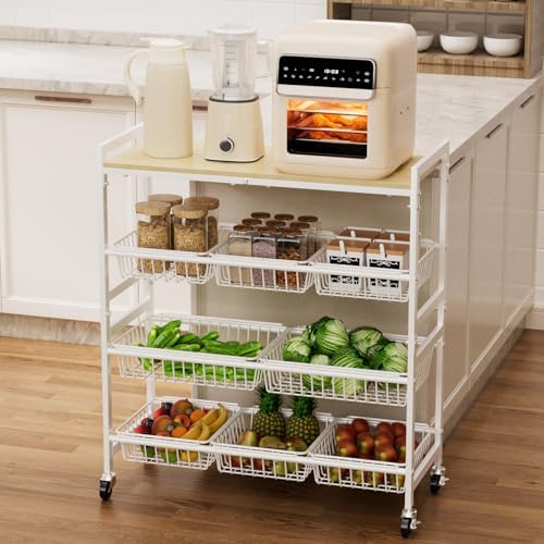 Cinati 4-Tier Utility Kitchen Cart with Wood Top, 29" W Kitchen Storage Cart with 8 Baskets & Handle, Metal Snack Cart with Wheels, Adjustable Pantry Organizer and Storage Cart for Fruit, Vegetables by Cinati