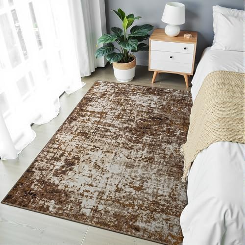 Modern Abstract 3x5 Rug, Non Slip Entryway Rug, Soft Machine Washable Rugs for Indoor Entry, Low Pile Stain Resistant Distressed Rug for Living Room, Bedroom, Brown - Image 3