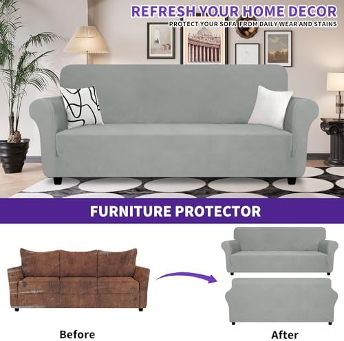 ZNSAYOTX Oversized Super Stretch Couch Cover (92"-115"), New Striped Sofa Covers Comfortable & Durable, Dog Cat Pets Friendly Extra Large Spandex Sofa Slipcovers (Light Grey, XL Sofa) - Image 2