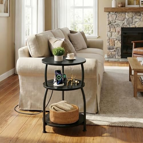 Round Side Table with Power Outlet, USB Type C Port, 3-Tier End Table - Image 2