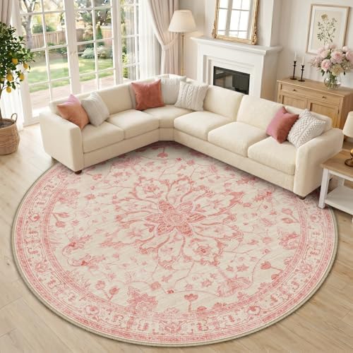 RELEANY Washable Area Rug, Round 10ft, Pink/Light Vintage Pink by RELEANY