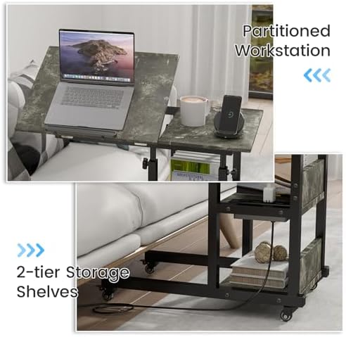 Hadulcet Adjustable C Table with Charging Station, Tiltable Desk C Shaped End Table for Couch, Over Bed Table with Wheels Adjustable Height, Laptop Stand Drawing Desk, Marble Grey - Image 6