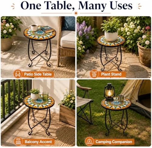 Small Mosaic Outdoor Side Table, 14-Inch Round Metal Patio Table - Image 6