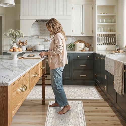 2-Piece Kitchen Runner Rug Set: Washable Non-Slip Floor Mats for Sink & Stove Cooking Area Soft Low Pile Water-Resistant Carpet for Dishwasher Fridge Fronts Durable Kitchen Island Mats(2x3+2x4,Beige) - Image 2
