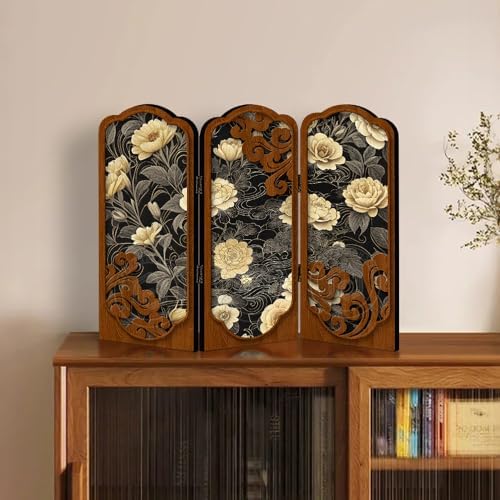 3-Panel Tabletop Folding Screen, Cream Rose Print，Desk Partition - Image 5