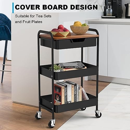 3 Tier Rolling Cart with Drawer, Metal Utility Cart with Table Top - Image 4