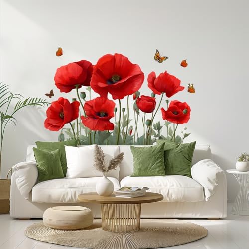 ANNA QUEEN Red Poppy Flower Wall Decals with Butterflies | Peel and Stick Floral Wall Stickers – Removable Garden Bloom Vinyl Wall Art for Bedroom, Living Room, Hallway & Window Décor by ANNAQUEEN
