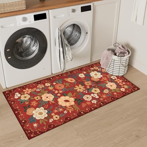 DUKINO 2x4 Entryway Rug, Floral Washable Kitchen Rugs Non Slip, Red - Image 7