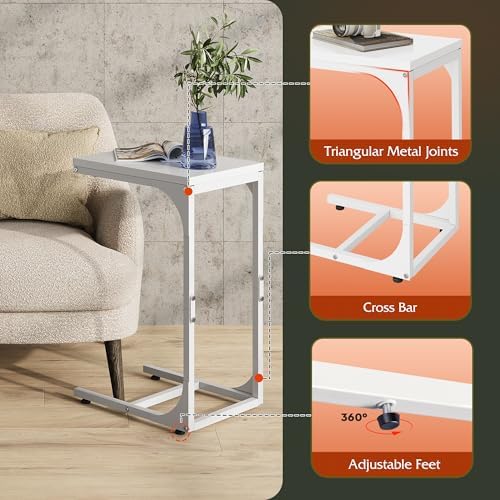 WLIVE C-Shaped End Table Set of 2, Small Couch Side Tables with Metal Frame, Sofa Table TV Tray for Living Room, Bedroom, White - Image 5