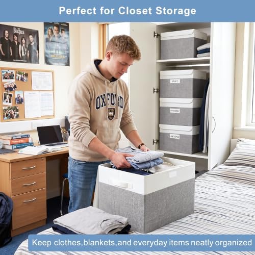Bagnizer Large 17" 42 Quarts Collapsible Stackable Storage Bins with Lids [3-Pack] Foldable Fabric Linen Storage Boxes Cube, Closet Organizer Baskets with Label (16.7 x 12 x 12, Gray & White) - Image 3