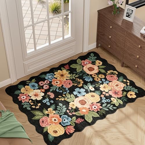 DUKINO 2x3 Rugs for Entryway, Floral Door Mat Washable Kitchen Rugs, Black - Image 3