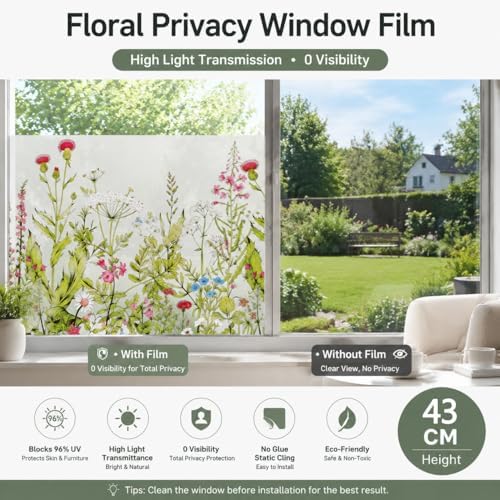 Static Cling Window Privacy Film, 78" x 17" Frosted Glass Covering with Wildflower & Botanical Patterns, Removable No Glue Window Film for Home Bathroom Bedroom Office (Wildflower) - Image 6