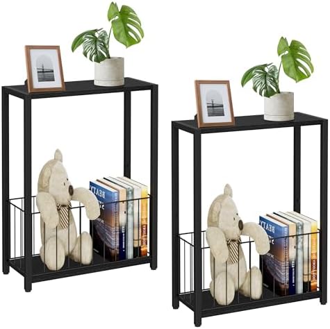 Homleke Narrow Side Tables Set of 2 with Magazine Holder, Skinny End Tables by Homleke