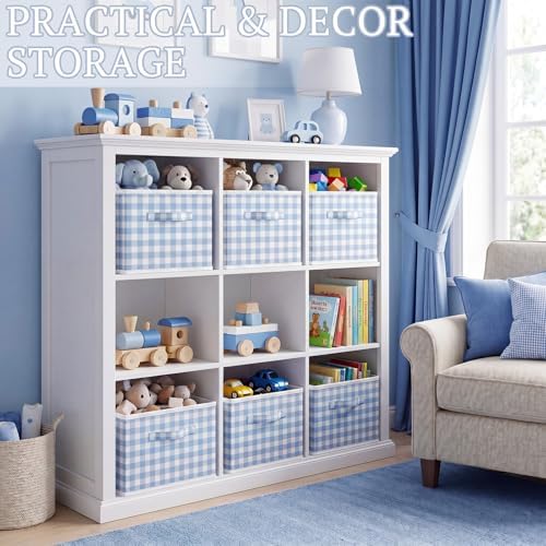 Yalikop 6 Pcs Blue Gingham Cube Storage Bins, 11 Inch Fabric Checkered Classroom Storage Bins Organizer with Handle Preppy Collapsible Cubby Basket for Classroom Home Nursery Playroom Bedroom - Image 5